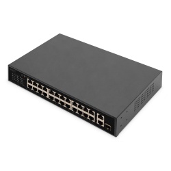 Digitus 24-Port Fast Ethernet PoE Networkswitch, 19 Zoll, unmanaged, 2+1 Uplink Ports, RJ45 + SFP, 240 W, af/at