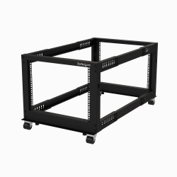 StarTech.com 4-Post 8U Mobile Open Frame Server Rack, Four Post 19in Network Rack with Wheels, Small Rolling Rack with Adjustable Depth for Computer/AV/Data/IT Equipment - Casters, Leveling Feet or Floor Mounting