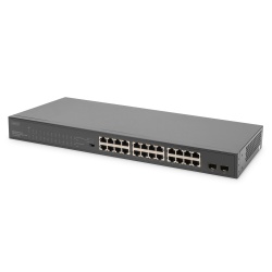 Digitus 24-Port Gigabit PoE Networkswitch,19 Zoll, unmanaged,2 Uplink Ports, SFP, 370 W, af/at