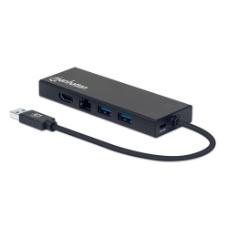 Manhattan USB-A Dock/Hub, Ports (x5): Ethernet, HDMI, USB-A (x2) and VGA, Micro-USB Power Input Port (Optional, only when additional power needed. Not required for dual monitor functionality. Cable not included), Aluminium, Black, Three Year Warranty, Ret