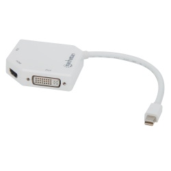 Manhattan Mini DisplayPort 1.2 to HDMI, DVI and VGA Adapter Cable (3-in-1), 25cm, White, Male to Female, Passive, HDMI 4K@30Hz, VGA and DVI 1080p@60Hz, Equivalent to MDP2VGDVHDW, Compatible with DVD-D, Three Year Warranty, Blister