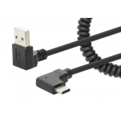 Manhattan USB-C to USB-A Cable, 1m, Male to Male, Black, 480 Mbps (USB 2.0), Tangle Resistant Curly Design, Angled Connectors, Ideal for Charging Cabinets/Carts, Hi-Speed USB, Lifetime Warranty, Polybag