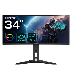 GIGABYTE MO34WQC 34” OLED WQHD Curved Gaming Monitor - 3440x1440(WQHD), 175Hz, 0.03ms, KVM, 250 cd/m2, FreeSync Premium Pro, DisplayHDR True Black 400, HDMI 2.1, Displayport 1.4