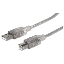 Manhattan USB-A to USB-B Cable, 3m, Male to Male, Translucent Silver, 480 Mbps (USB 2.0), Hi-Speed USB, Lifetime Warranty, Equivalent to USB2AA2M (except colour).