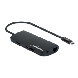 Manhattan USB-C Dock/Hub with Card Reader, Ports (x5): Ethernet, USB-A (3) and USB-C, 5 Gbps (USB 3.2 Gen1 aka USB 3.0), With Power Delivery (100W) to USB-C Port (Note additional USB-C wall charger and USB-C cable needed), Universal for all devices, Alumi