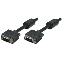 Manhattan VGA Monitor Cable (with Ferrite Cores), 10m, Black, Male to Male, HD15, Cable of higher SVGA Specification (fully compatible), Shielding with Ferrite Cores helps minimise EMI interference for improved video transmission, Lifetime Warranty