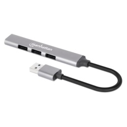 Manhattan USB-A 4-Port Hub, 4x USB-A Ports (1x 5 Gbps USB 3.2 Gen1 aka USB 3.0, 3 x 480 Mbps USB 2.0), USB powered (no external power supply required), Aluminium