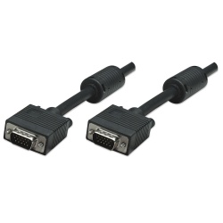 Manhattan VGA Monitor Cable (with Ferrite Cores), 1.8m, Black, Male to Male, HD15, Cable of higher SVGA Specification (fully compatible), Shielding with Ferrite Cores helps minimise EMI interference for improved video transmission, Lifetime Warranty