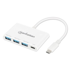 Manhattan USB-C Dock/Hub, Ports (4): USB-A (x3) and USB-C, 5 Gbps (USB 3.2 Gen1 aka USB 3.0), With Power Delivery (100W) to USB-C Port (Note additional USB-C wall charger and USB-C cable needed), Universal for all devices, SuperSpeed USB, White, PD
