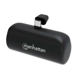 Manhattan Power Bank with integrated USB-C plug, 5000 mAh, Up to 20W output, Kickstand for Use as Charging Phone Holder, Black, One Year Warranty