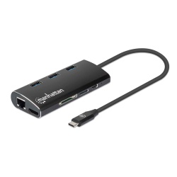 Manhattan USB-C Dock/Hub with Card Reader, Ports (x6): Ethernet, HDMI, USB-A (x3) and USB-C, With Power Delivery (100W) to USB-C Port (Note additional USB-C wall charger and USB-C cable needed), Universal for all devices, Aluminium, Equivalent to DKT30CSD