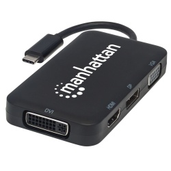 Manhattan USB-C Dock/Hub, Ports (x4): DisplayPort, DVI-I, HDMI or VGA, Note: Only One Port can be used at a time, External Power Supply Not Needed, Universal for all devices, Cable 8cm, Black, Three Year Warranty