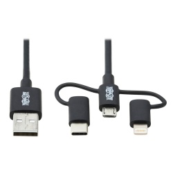 6FT Tripp Lite Universal USB-A to Lightning USB Micro-B and USB-C Charging Cable - Black