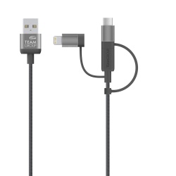 Team 3-in-1 Charging Cable, Lightning, Type-C, Micro USB, Gray 100cm