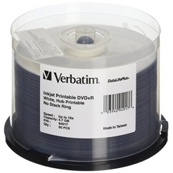 Verbatim DVD+R 4.7GB 16X DataLifePlus White Inkjet Printable 50-Pack Spindle