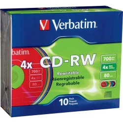 Verbatim CD-RW 700MB 4X 10-Pack Slim Case Assorted Colors