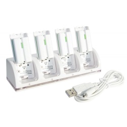 White Nintendo Wii Quad Charger Station with 4x rechargeable battery packs and blue light