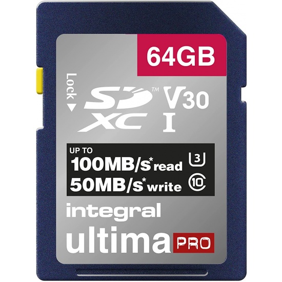 64GB Integral Ultima Pro SDXC 100MB/s CL10 UHS-1 U3 V30 Memory Card Image