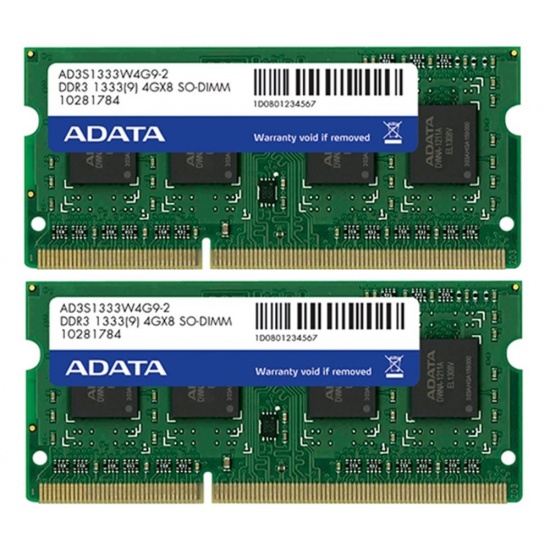 8GB AData DDR3 PC3-10666 1333MHz CL9 204-pin Dual Channel Laptop Memory Kit (2x4GB) Image
