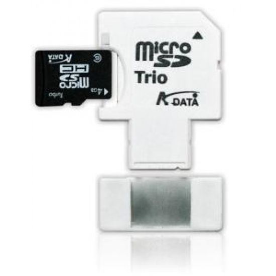 4GB A-Data MicroSDHC (TransFlash) Trio card (MicroSDHC, SDHC, USB) Image