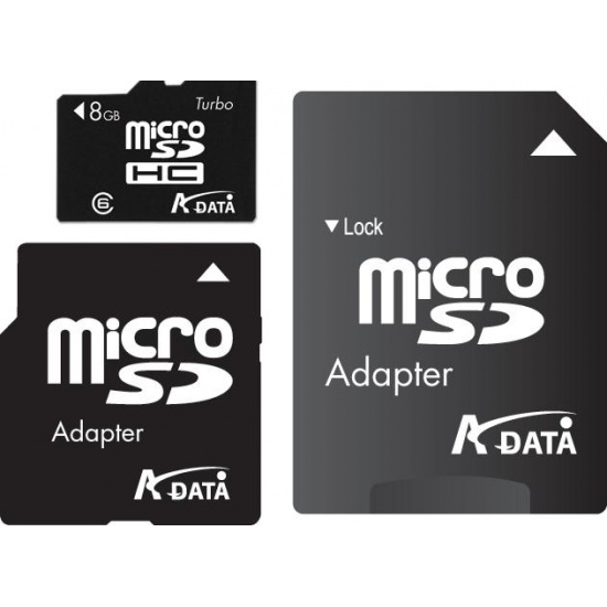 8GB A-Data Turbo microSDHC (TransFlash) Memory Card w/SD+miniSD adapters Image