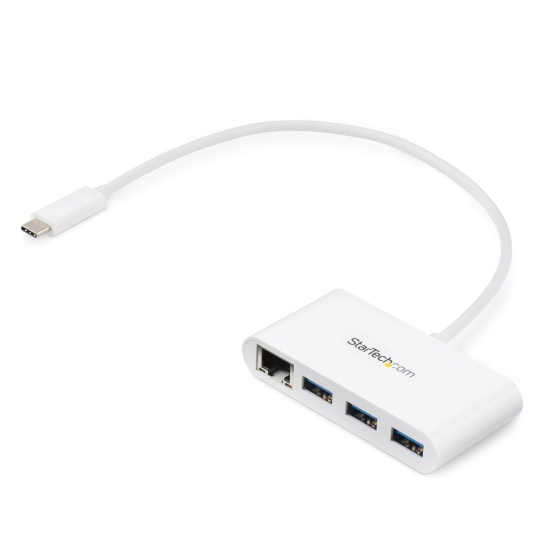 StarTech.com 3-Port USB-C Hub with Gigabit Ethernet - USB-C to 3x USB-A - USB 3.0 Hub - White~3-Port USB-C Hub with Gigabit Ethernet - USB-C to 3x USB-A - USB 3.0 Hub - 5Gbps - White Image