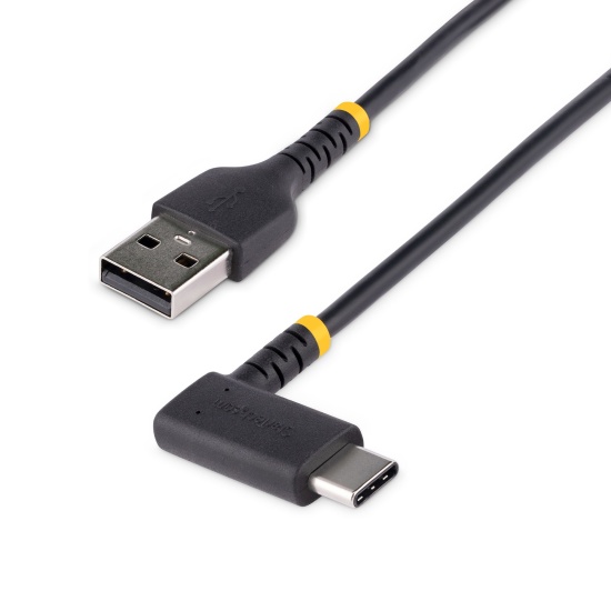 StarTech.com 1ft (30cm) USB A to C Charging Cable Right Angle - Heavy Duty Fast Charge USB-C Cable - Black USB 2.0 A to Type-C - Rugged Aramid Fiber - 3A - USB Charging Cord Image