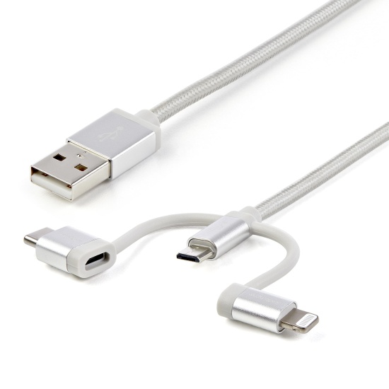 StarTech.com 1 m (3 f.t) USB Multi Charging Cable - USB to Micro-USB or USB-C or Lightning for iPhone / iPad / iPod / Android - Apple MFi Certified - 3 in 1 USB Charger - Braided Image