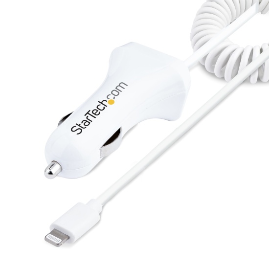 StarTech.com Lightning Car Charger with Coiled Cable, 1m Coiled Lightning Cable, 12W, White, 2 Port USB Car Charger Adapter for Phones and Tablets, Dual USB In Car iPhone Charger Image