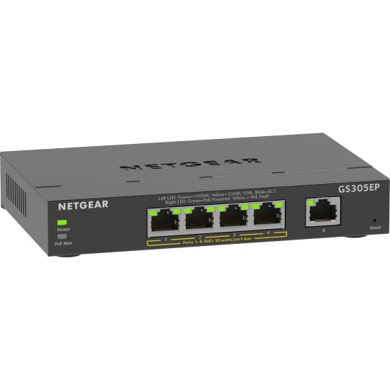 NETGEAR 5-Port Gigabit Ethernet PoE+ Plus Switch (GS305EP) Managed L2/L3 Gigabit Ethernet (10/100/1000) Power over Ethernet (PoE) Black Image
