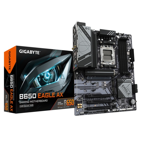 Gigabyte B650 EAGLE AX Motherboard - Supports AMD Ryzen 7000 CPUs, 12+2+2 Phases Digital VRM, up to 7600MHz DDR5 (OC), 1xPCIe 5.0 + 2xPCIe 4.0 M.2, Wi-Fi 6E 802.11ax, GbE LAN, USB 3.2 Gen2 Image