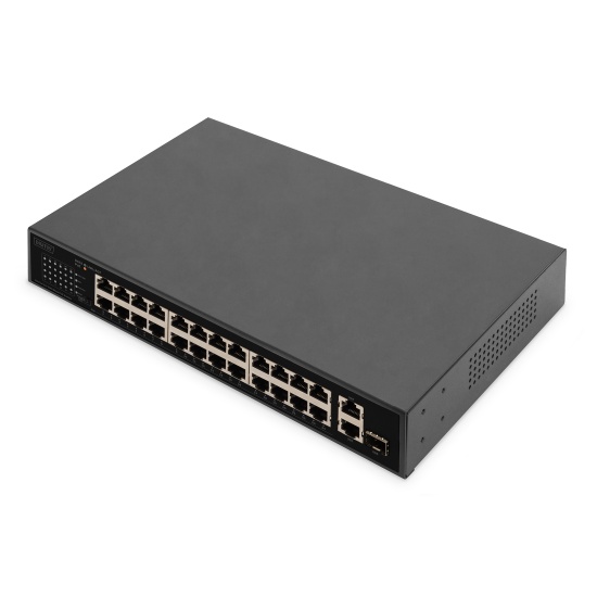 Digitus 24-Port Fast Ethernet PoE Networkswitch, 19 Zoll, unmanaged, 2+1 Uplink Ports, RJ45 + SFP, 240 W, af/at Image