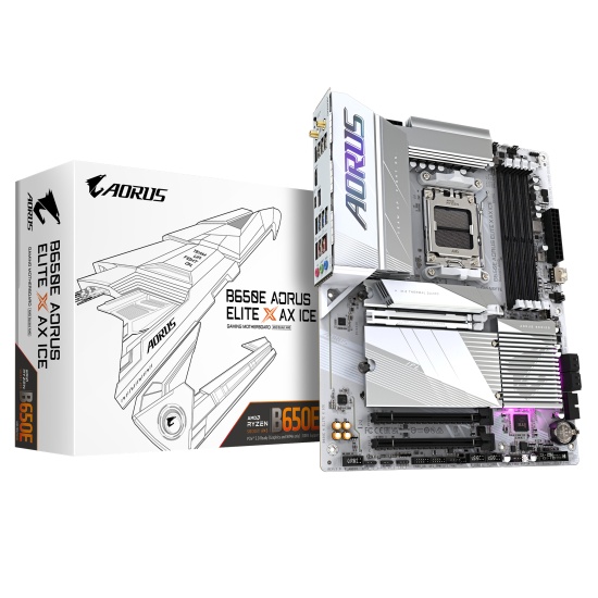Gigabyte B650E AORUS ELITE X AX ICE Motherboard - Supports AMD Ryzen 8000 CPUs, 12+2+2 phases VRM, up to 8000MHz DDR5 (OC), 1xPCIe 5.0 M2 + 2xPCIe 4.0 M.2, Wi-Fi 6E, 2.5GbE LAN, USB 3.2 Gen 2 Image
