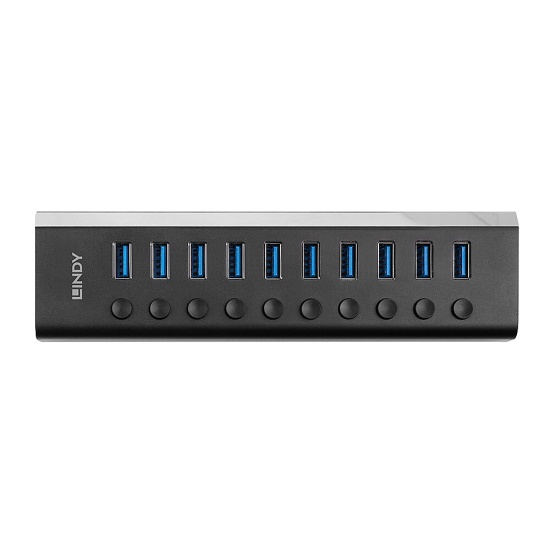 Lindy 10 Port USB 3.0 Hub with On/Off Switches USB 3.2 Gen 1 (3.1 Gen 1) Type-B 5000 Mbit/s Black Image