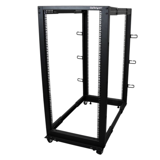 StarTech.com 4-Post 25U Mobile Open Frame Server Rack, Four Post 19in Network Rack with Wheels, Rolling Rack with Adjustable Depth for Computer/AV/Data/IT Equipment - Casters, Leveling Feet or Floor Mounting Image