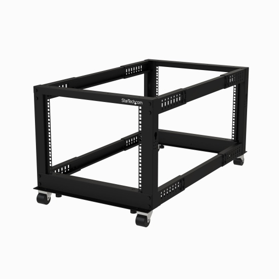 StarTech.com 4-Post 8U Mobile Open Frame Server Rack, Four Post 19in Network Rack with Wheels, Small Rolling Rack with Adjustable Depth for Computer/AV/Data/IT Equipment - Casters, Leveling Feet or Floor Mounting Image