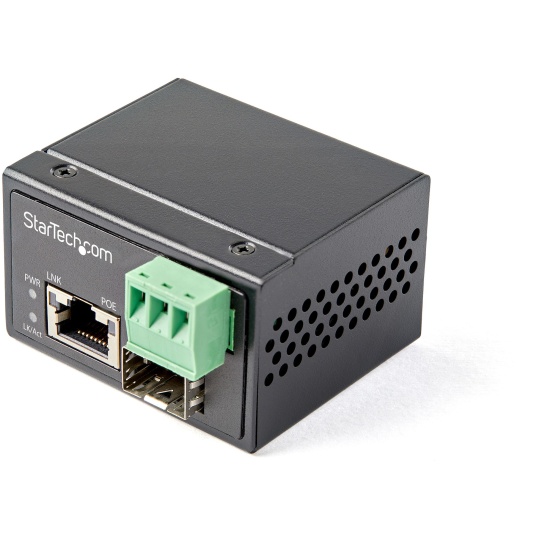 StarTech.com PoE+ Industrial Fiber to Ethernet Media Converter 30W - SFP to RJ45 - Singlemode/Multimode Fiber to Copper Gigabit Ethernet - Mini/Compact Size - IP-30/ -40 to +75C Image