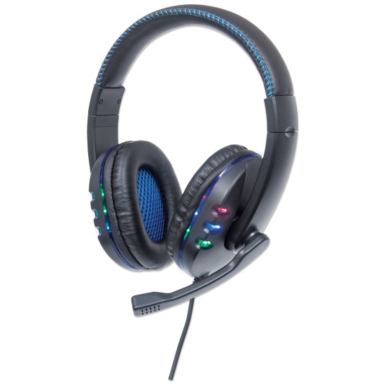 Manhattan USB-A Gaming Headset with LEDs (Clearance Pricing). Retractable Built-in Microphone, Audio Control, Integrated 1.8m cable, Black and Blue, Three Year Warranty Image