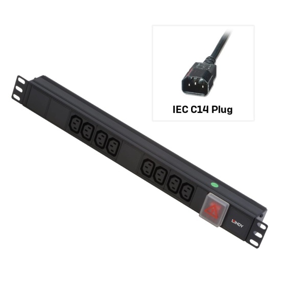 Lindy 1U 8 Way IEC Sockets, Horizontal PDU with 3m IEC Mains Cable Image