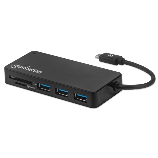 Manhattan USB-C Dock/Hub with Card Reader, Ports (x3): USB-A (x3), 5 Gbps (USB 3.2 Gen1 aka USB 3.0), External Power Supply Not Needed, SuperSpeed USB, Black, Three Year Warranty, Retail Box Image