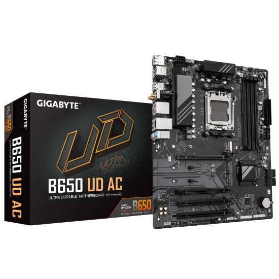 Gigabyte B650 UD AC Motherboard - Supports AMD Ryzen 8000 CPUs, 6+2+2 Phases Digital VRM, up to 7600MHz DDR5, 1xPCIe 5.0 M2 + 2xPCIe 4.0 M.2, Wi-Fi 6E, GbE LAN , USB 3.2 Gen 2 Image