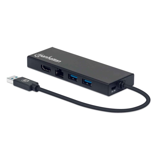 Manhattan USB-A Dock/Hub, Ports (x5): Ethernet, HDMI, USB-A (x2) and VGA, Micro-USB Power Input Port (Optional, only when additional power needed. Not required for dual monitor functionality. Cable not included), Aluminium, Black, Three Year Warranty, Ret Image