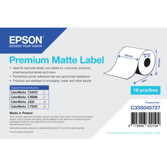 Epson Premium Matte Label - Continuous Roll: 105mm x 35m Image