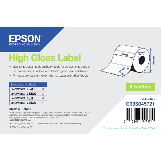 Epson High Gloss Label - Die-cut Roll: 76mm x 127mm, 960 labels Image