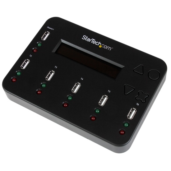 StarTech.com Standalone 1 to 5 USB Thumb Drive Duplicator and Eraser, Multiple USB Flash Drive Copier, System and File and Whole-Drive Copy at1.5 GB/min, Single and 3-Pass Erase, LCD Display Image