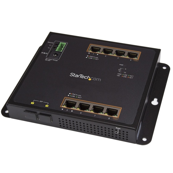 StarTech.com Industrial 8 Port Gigabit PoE+ Switch w/2 SFP MSA Slots - 30W - Layer/L2 Switch Hardened GbE Managed - Rugged High Power Gigabit Ethernet Network Switch IP-30/-40 C to 75 C Image