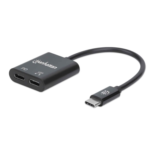 Manhattan USB-C to USB-C Audio Adapter and USB-C (inc Power Delivery) (Clearance Pricing), Black, 480 Mbps (USB 2.0), Cable 11cm, With Power Delivery to USB-C Port (60W), Three Year Warranty, Retail Box Image