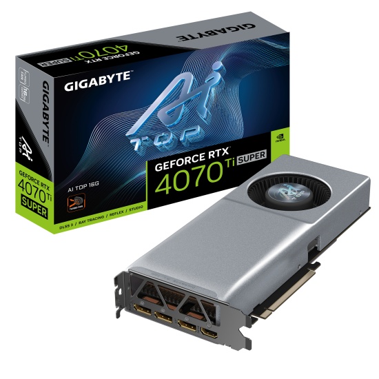 GIGABYTE GeForce RTX 4070 Ti SUPER AI TOP 16G Graphics Card - 16GB GDDR6X, 256bit, PCI-E 4.0, 2610MHz Core Clock, 3 x DisplayPort 1.4a, 1 x HDMI 2.1a, NVIDIA DLSS 3, GV-N407TSAI TOP-16GD Image