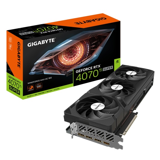 GIGABYTE GeForce RTX­­ 4070 Ti SUPER WINDFORCE MAX OC Graphics Card - 16GB GDDR6X, 256bit, PCI-E 4.0, 2655MHz Core Clock, 3 x DisplayPort 1.4a, 1 x HDMI 2.1a, NVIDIA DLSS 3, GV-N407TSWF3MAX OC-16GD Image