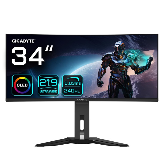 GIGABYTE MO34WQC2 34” OLED WQHD Curved Gaming Monitor - 3440x1440(WQHD), 240Hz, 0.03ms, KVM, 250 cd/m2, FreeSync Premium Pro, DisplayHDR True Black 400, HDMI 2.1, Displayport 1.4 Image